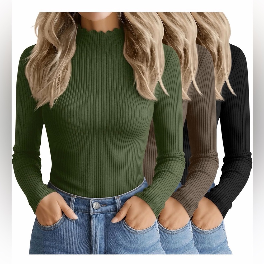 🆕3 Pack Women's Cotton Long Sleeve Mock Turtleneck Tops